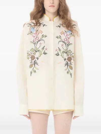 Valentino Garavani Floral Embroidery Shirt Shirt And Blouse Beige In Brown