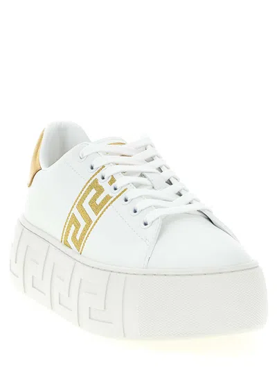 Versace La Greca Embroidered Platform Sneakers In Gold