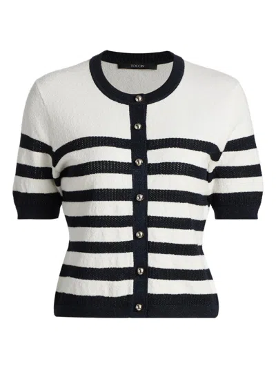 Toccin Oakley Striped Button-down Short-sleeve Cardigan In White