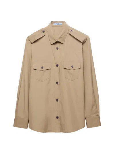 Prada Cotton Poplin Shirt Tailored Collar Button Epaulettes In Brown