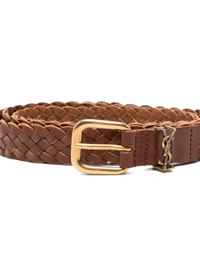 Saint Laurent Cassandre Rectangular Buckle Belt In Brown
