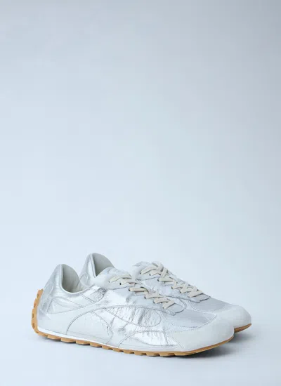 Bottega Veneta Orbit Flash Suede-trimmed Metallic Leather Sneakers In Silver