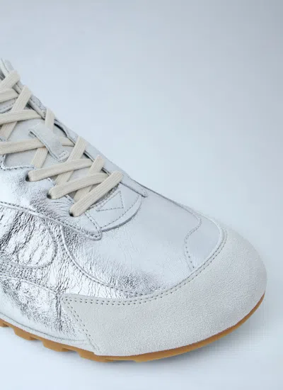 Bottega Veneta Orbit Flash Suede-trimmed Metallic Leather Sneakers In Silver