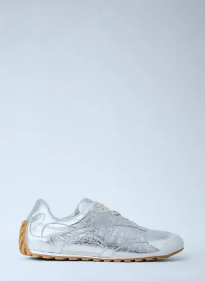 Bottega Veneta Orbit Flash Suede-trimmed Metallic Crinkled-leather Sneakers In Silver