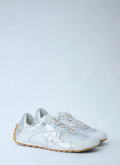 Bottega Veneta Orbit Flash Suede-trimmed Metallic Crinkled-leather Sneakers In Silver
