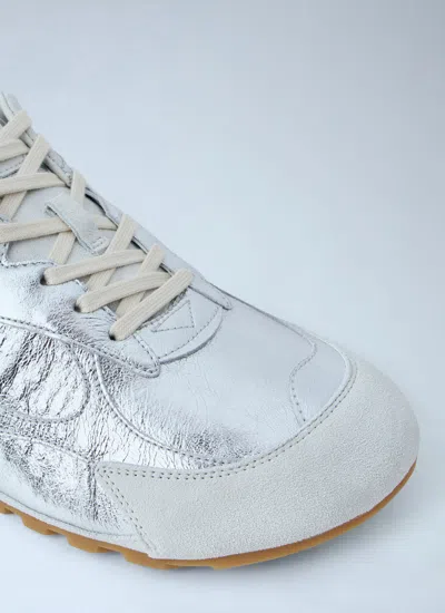 Bottega Veneta Orbit Flash Suede-trimmed Metallic Crinkled-leather Sneakers In Silver