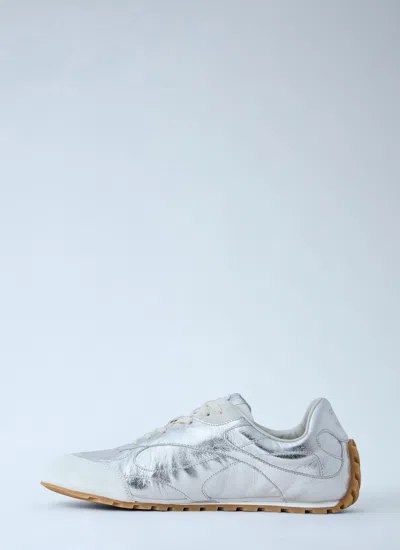 Bottega Veneta Orbit Flash Suede-trimmed Metallic Crinkled-leather Sneakers In Silver