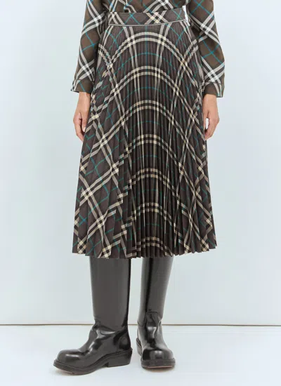 Burberry Women Long Multicolor Pleated Skirt With Check Motif In Wool Blend Woman In Gray