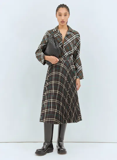 Burberry Women Long Multicolor Pleated Skirt With Check Motif In Wool Blend Woman In Gray