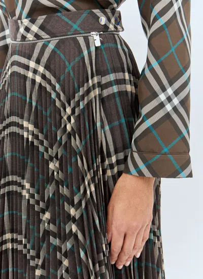 Burberry Women Long Multicolor Pleated Skirt With Check Motif In Wool Blend Woman In Gray