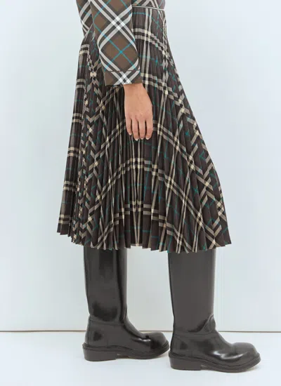 Burberry Women Long Multicolor Pleated Skirt With Check Motif In Wool Blend Woman In Gray