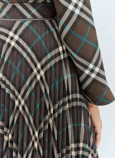 Burberry Women Long Multicolor Pleated Skirt With Check Motif In Wool Blend Woman In Gray