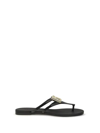 Dolce & Gabbana Women Black Thong Sandals With Logo Plaque On The Front In Rubber Woman