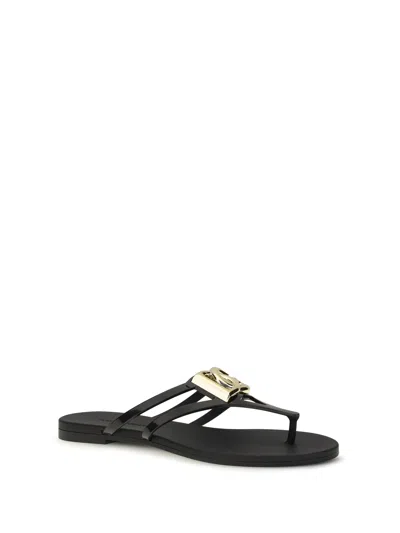 Dolce & Gabbana Women Black Thong Sandals With Logo Plaque On The Front In Rubber Woman