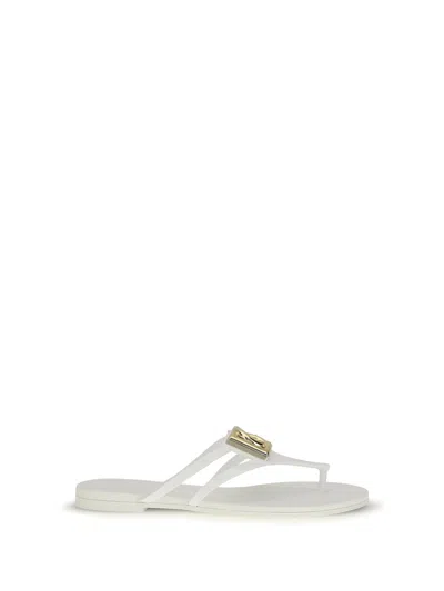 Dolce & Gabbana White Thong Sandals With Logo Plaque On The Front In Rubber Woman In Multi