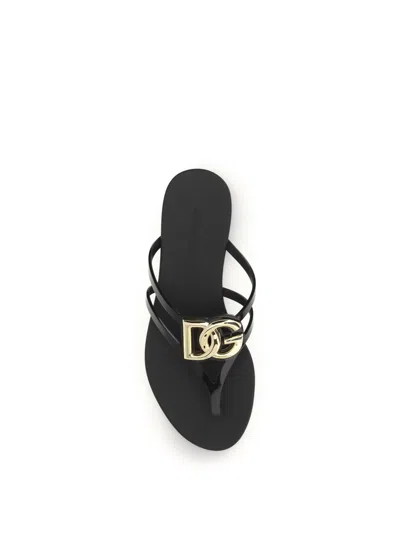 Dolce & Gabbana Women Black Thong Sandals With Logo Plaque On The Front In Rubber Woman