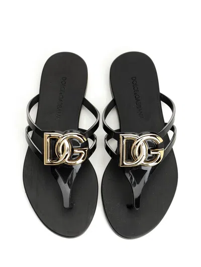 Dolce & Gabbana Black Thong Sandals With Logo Plaque On The Front In Rubber Woman