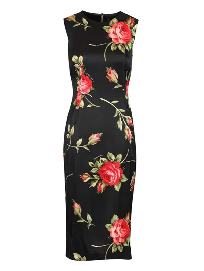Dolce & Gabbana Women Black Dress With All-over Floral Print In Silk Woman In Multi