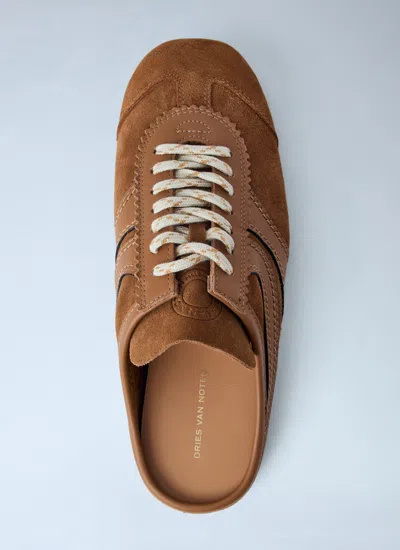 Dries Van Noten Suede Mules Rubber Sole Stitch Detailing In Brown