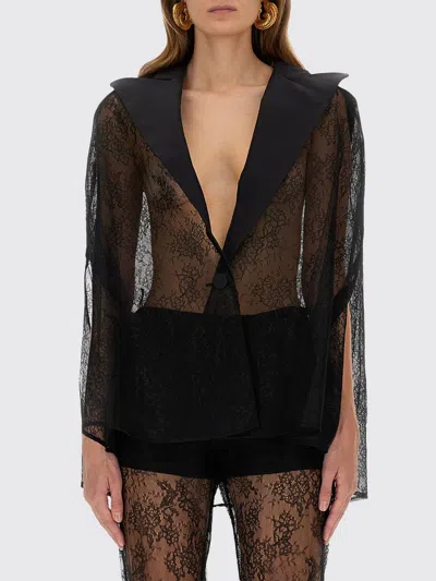 Nina Ricci Sheer Lace Deep V-neck Long Sleeve Top In Black