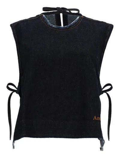 Amish Denim Solid Round Neck Top In Blue