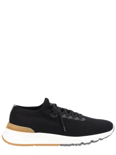 Brunello Cucinelli Cotton Knit And Semi-polished Calfskin Runner Sneakers In Black