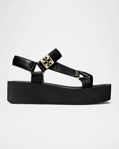 Tory Burch Round Toe Leather Platform Sandals With Ankle Strap In Black