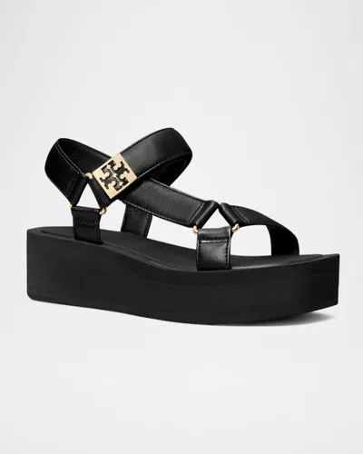 Tory Burch Round Toe Leather Platform Sandals With Ankle Strap In Black