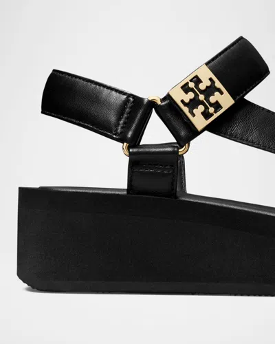 Tory Burch Round Toe Leather Platform Sandals With Ankle Strap In Black