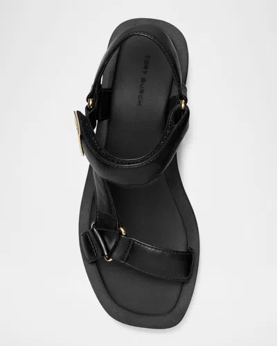 Tory Burch Round Toe Leather Platform Sandals With Ankle Strap In Black