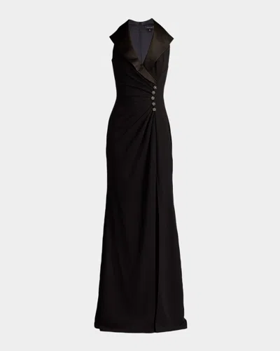 Tadashi Shoji Pleated Jewel-embellished Crepe Tuxedo Gown In Black