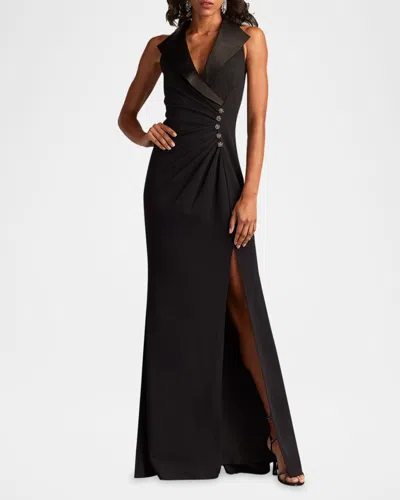 Tadashi Shoji Pleated Jewel-embellished Crepe Tuxedo Gown In Black