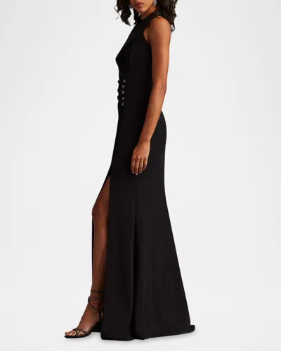 Tadashi Shoji Pleated Jewel-embellished Crepe Tuxedo Gown In Black
