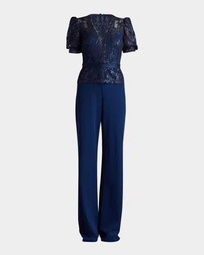 Tadashi Shoji Ziya Embellished Puff Sleeve Jumpsuit In Blue