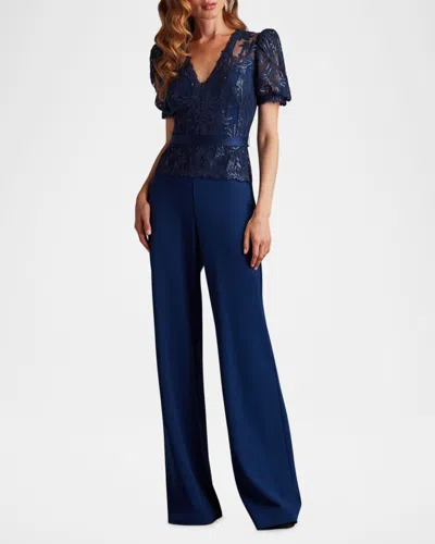 Tadashi Shoji Ziya Embellished Puff Sleeve Jumpsuit In Blue
