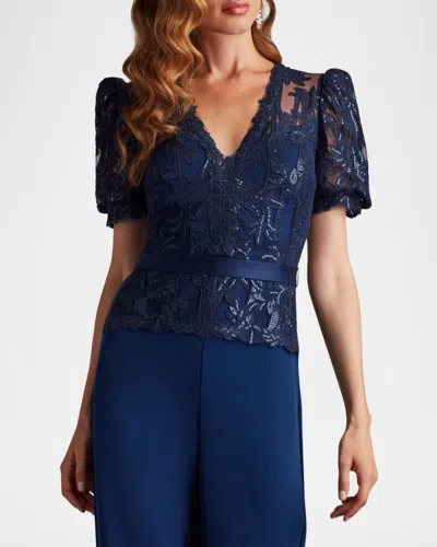 Tadashi Shoji Ziya Embellished Puff Sleeve Jumpsuit In Blue