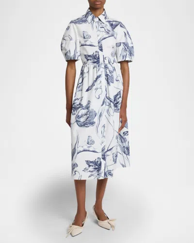 Erdem Floral-print Short-sleeve Midi Shirt Dress In White