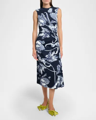 Erdem Floral-print Draped Sleeveless Midi Dress In Green