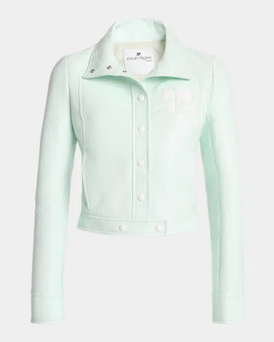 Courrèges Cropped Jacket With Glossy Patent Finish And Structured Collar In Green