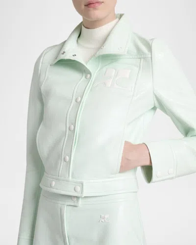 Courrèges Cropped Jacket With Glossy Patent Finish And Structured Collar In Green