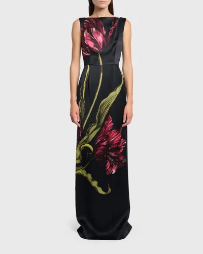 Erdem Floral-print Duchess Satin Sleeveless Gown In Black