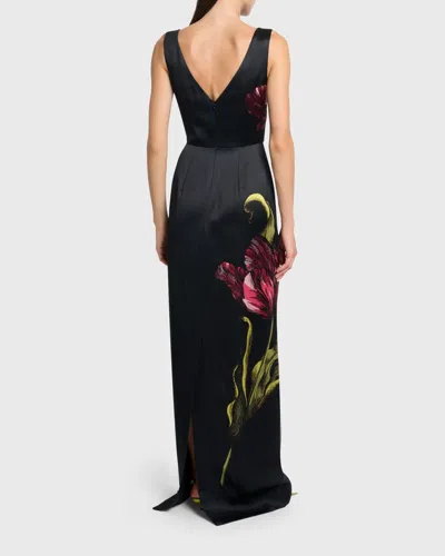 Erdem Floral-print Duchess Satin Sleeveless Gown In Black