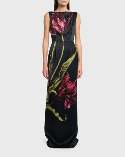 Erdem Floral-print Duchess Satin Sleeveless Gown In Black
