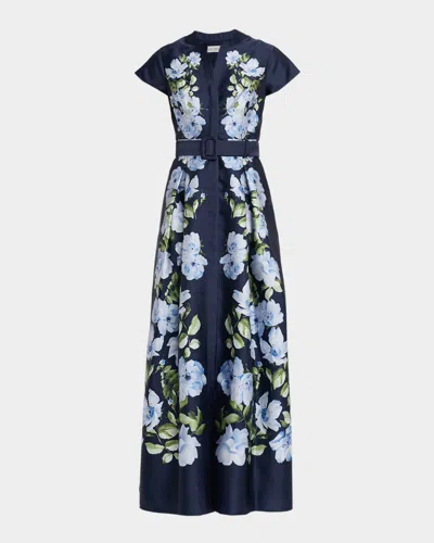 Sachin & Babi Marta Belted Floral-print Mikado Shirt Gown In Blue