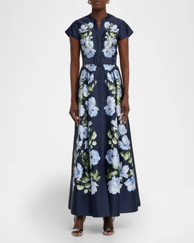 Sachin & Babi Marta Belted Floral-print Mikado Shirt Gown In Blue