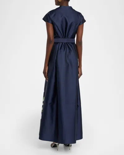 Sachin & Babi Marta Belted Floral-print Mikado Shirt Gown In Blue