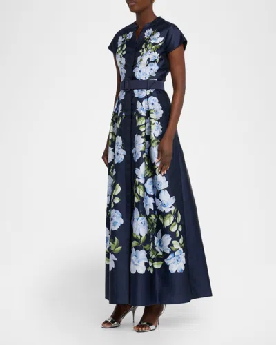Sachin & Babi Marta Belted Floral-print Mikado Shirt Gown In Blue
