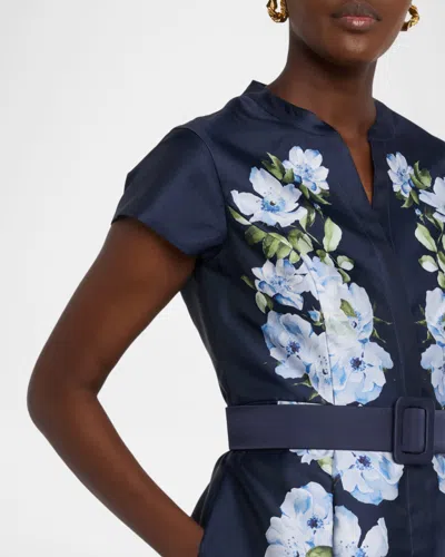 Sachin & Babi Marta Belted Floral-print Mikado Shirt Gown In Blue