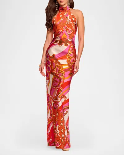 Ramy Brook Tatiana Mixed Print Stretch Silk Halter Neck Gown In Orange