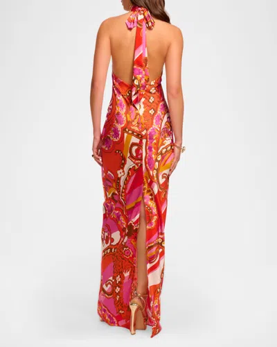 Ramy Brook Tatiana Mixed Print Stretch Silk Halter Neck Gown In Orange